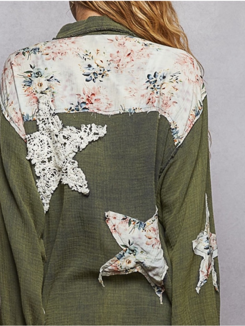 POL New Boho Patchwork Green Gauze & Floral Star Patch Long Sleeve Shirt Size L - Picture 5 of 6